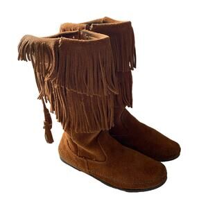 Minnetonka Fringe Boots 8 Women's Suede Side Zip 2-Layer 12" High 1682 Boho